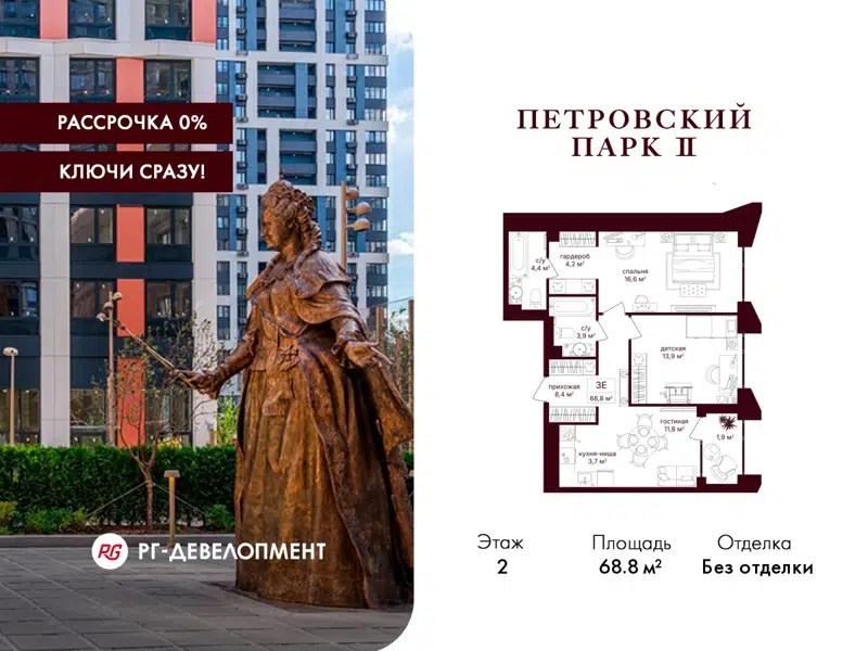 2-комнатная квартира 68.8 м² Петровский парк II