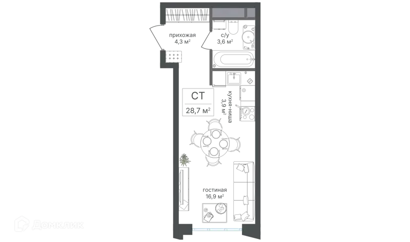 Студия 28.7 м² Михалковский