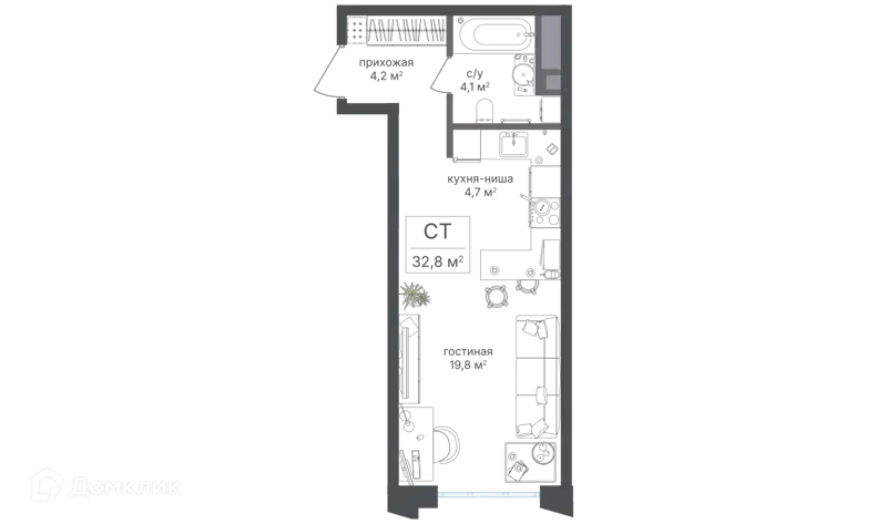 Студия 32.8 м² Михалковский