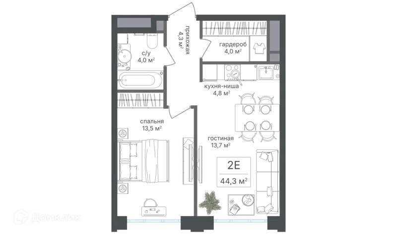 2-комнатная квартира 44.3 м² Михалковский