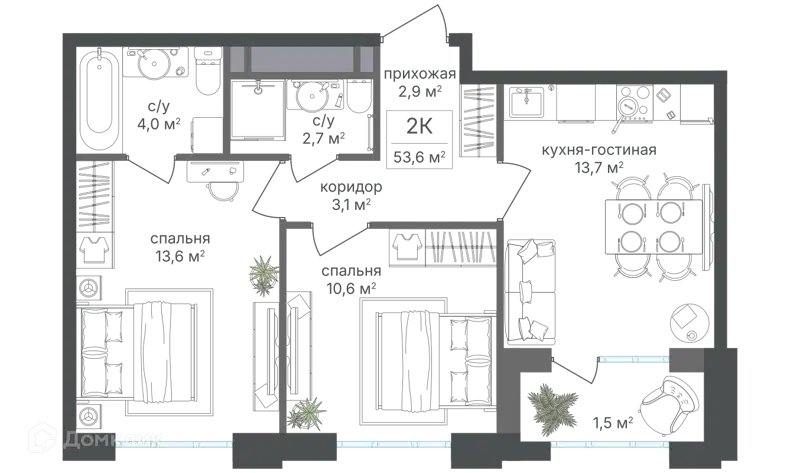 2-комнатная квартира 52.4 м² Михалковский