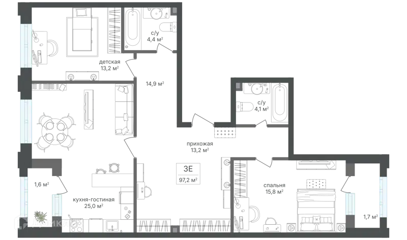 2-комнатная квартира 93.9 м² Михалковский