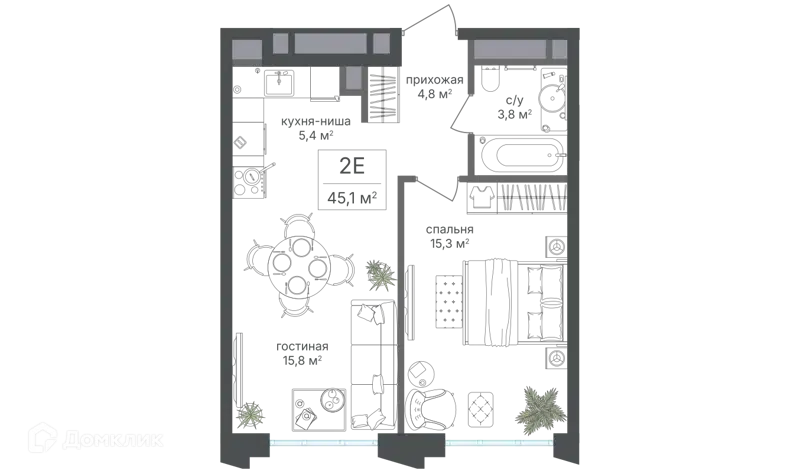 2-комнатная квартира 45.1 м² Михалковский