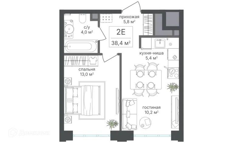 2-комнатная квартира 38.4 м² Михалковский