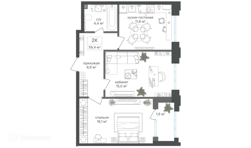 2-комнатная квартира 58.1 м² Михалковский