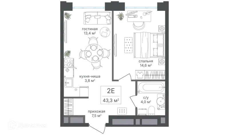 2-комнатная квартира 43.3 м² Михалковский
