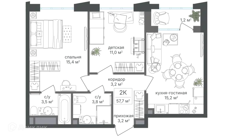 2-комнатная квартира 57.2 м² Михалковский