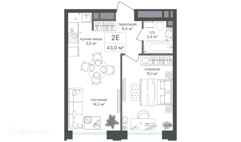 2-комнатная квартира 43 м² Михалковский