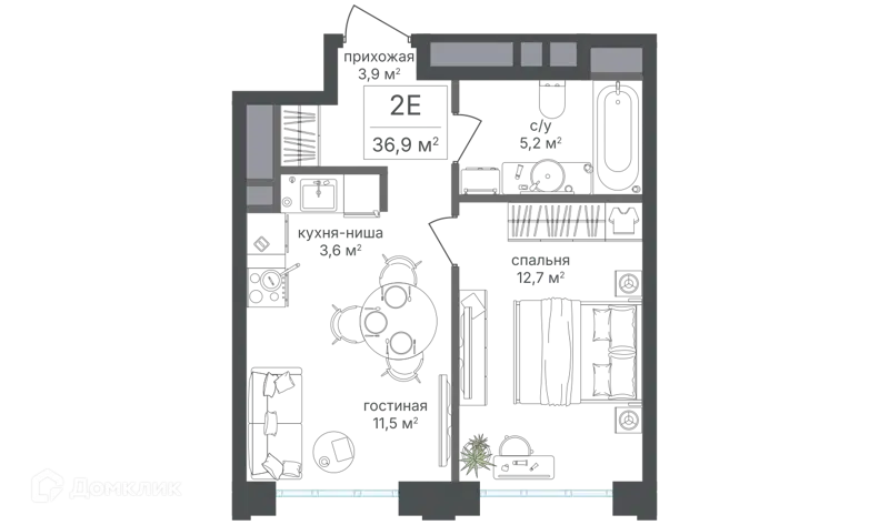 2-комнатная квартира 36.9 м² Михалковский