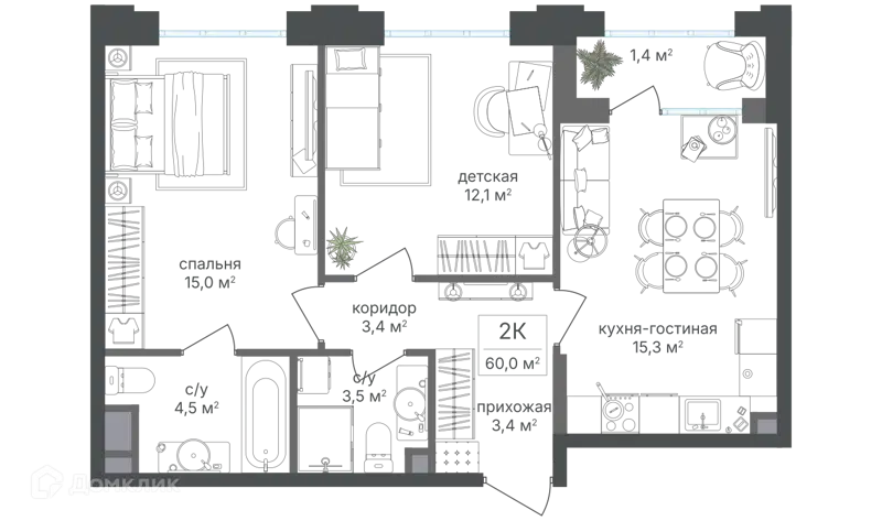 2-комнатная квартира 58.7 м² Михалковский