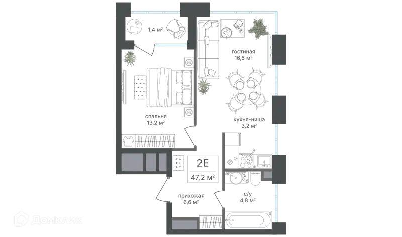 2-комнатная квартира 45.8 м² Михалковский