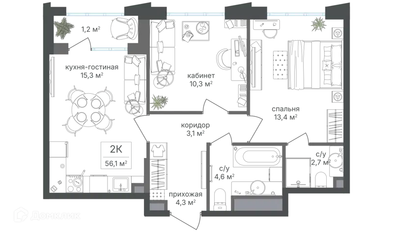 2-комнатная квартира 55.9 м² Михалковский