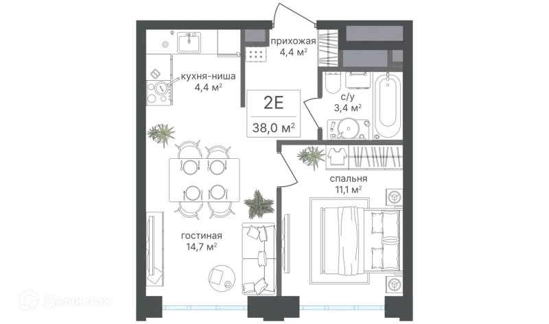 2-комнатная квартира 38 м² Михалковский