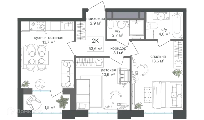 2-комнатная квартира 52.6 м² Михалковский