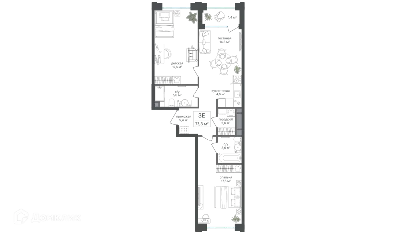 3-комнатная квартира 71.9 м² Михалковский