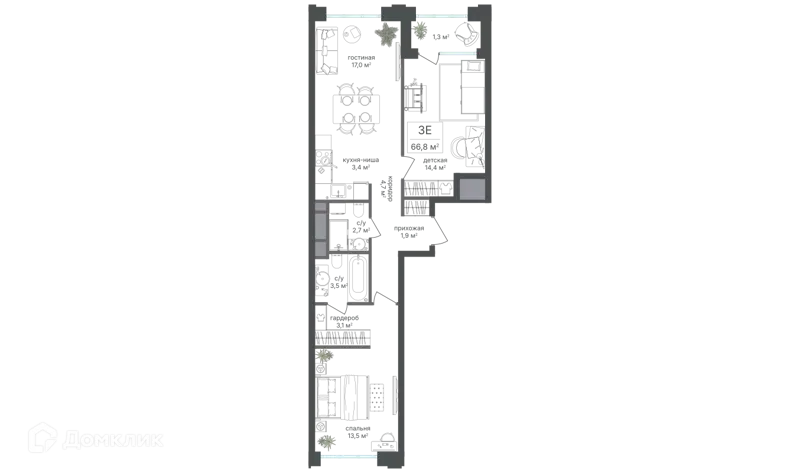 3-комнатная квартира 65.5 м² Михалковский