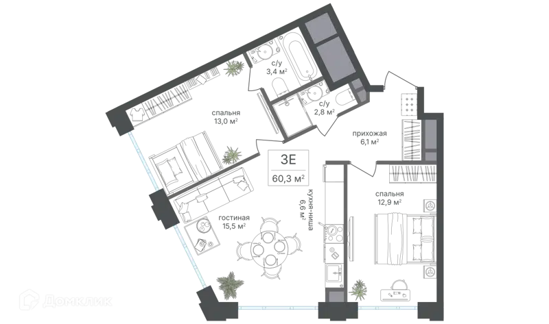3-комнатная квартира 60.3 м² Михалковский