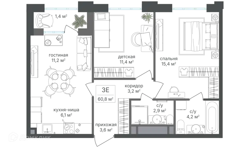 3-комнатная квартира 59.8 м² Михалковский