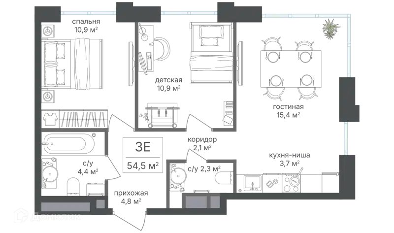 3-комнатная квартира 54.5 м² Михалковский