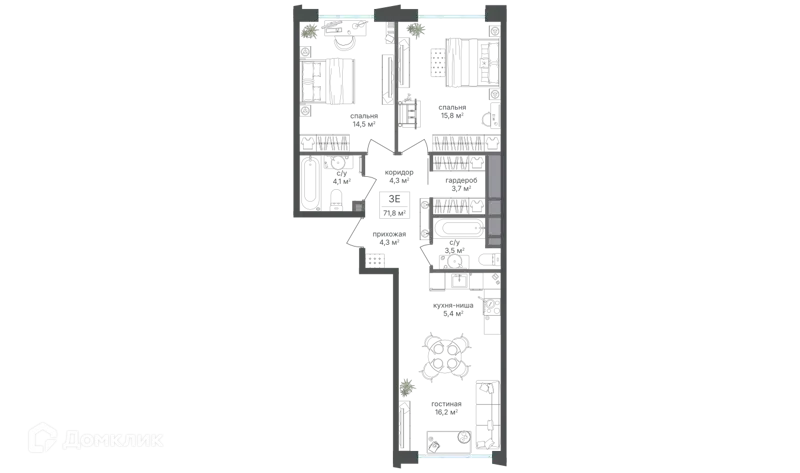 3-комнатная квартира 72 м² Михалковский