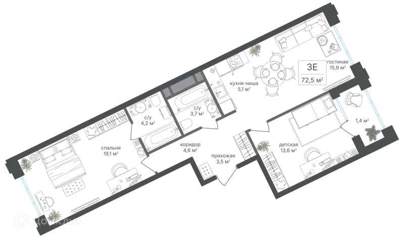 3-комнатная квартира 71.1 м² Михалковский