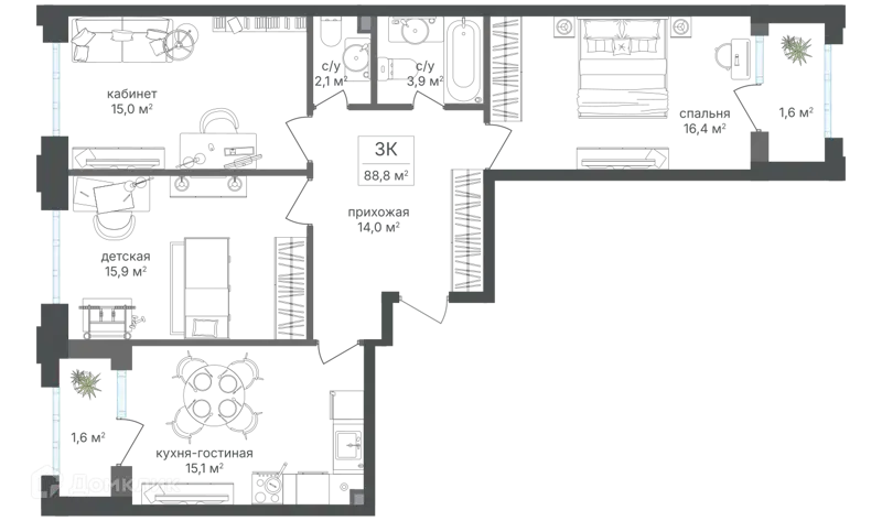 3-комнатная квартира 85.5 м² Михалковский