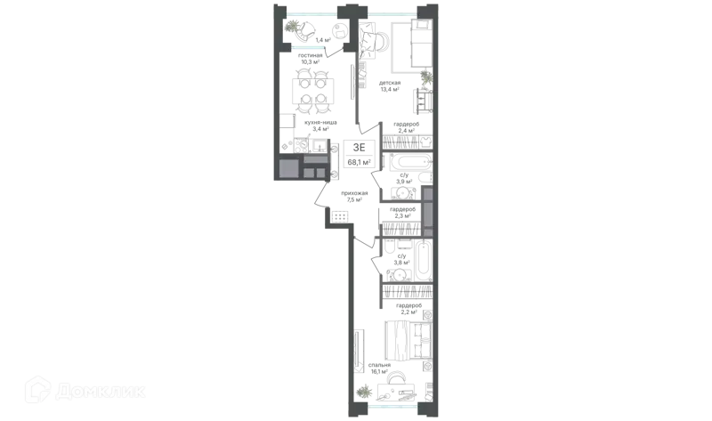 3-комнатная квартира 66.7 м² Михалковский