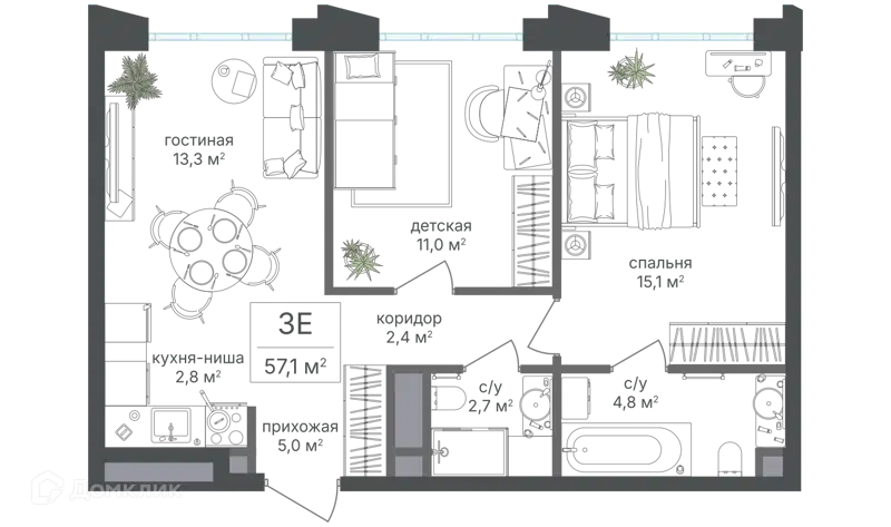 3-комнатная квартира 57.1 м² Михалковский