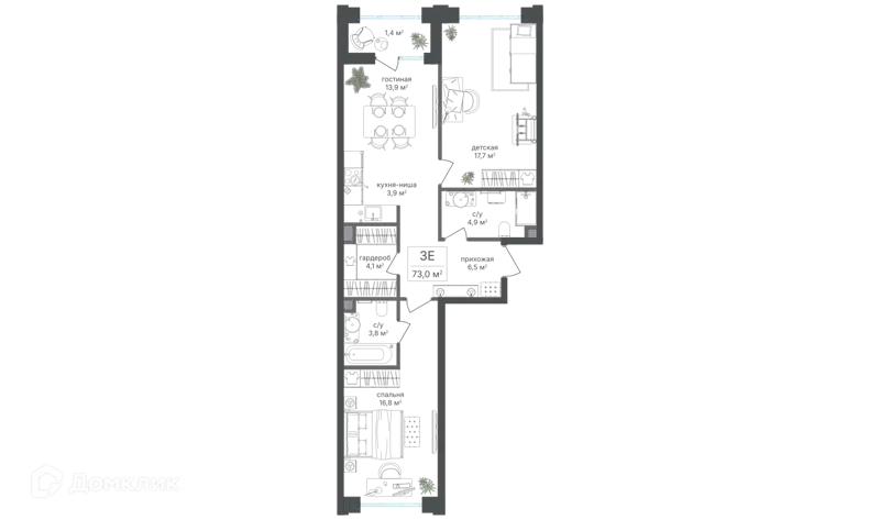 3-комнатная квартира 73 м² Михалковский