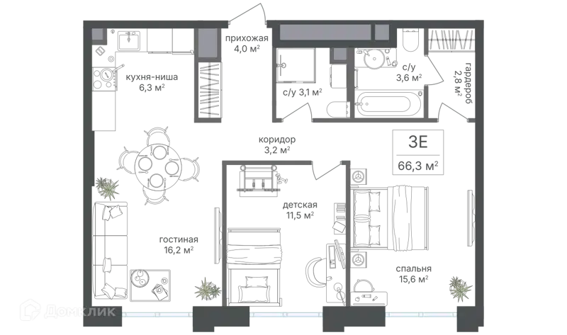 3-комнатная квартира 66.3 м² Михалковский