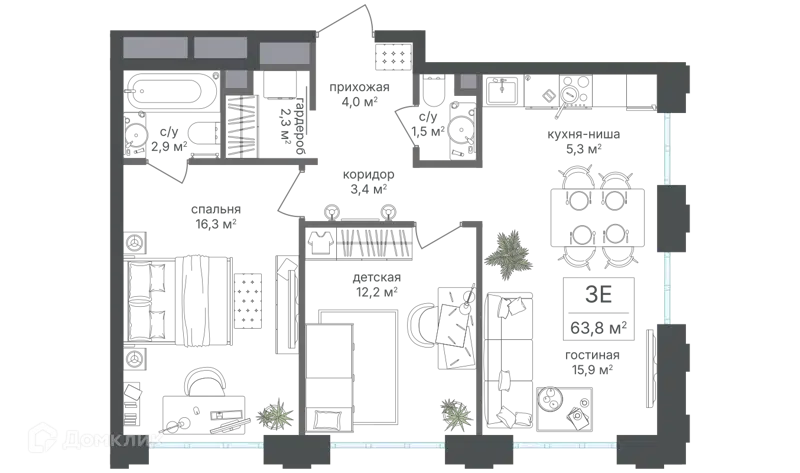 3-комнатная квартира 63.8 м² Михалковский