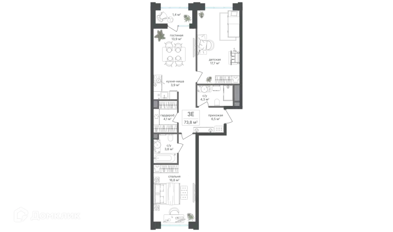 3-комнатная квартира 72.4 м² Михалковский