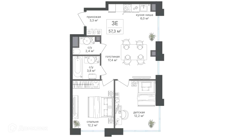 3-комнатная квартира 57.3 м² Михалковский
