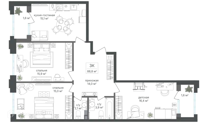 3-комнатная квартира 85.7 м² Михалковский