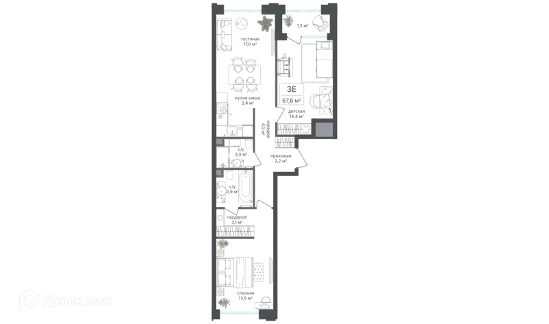3-комнатная квартира 66.3 м² Михалковский