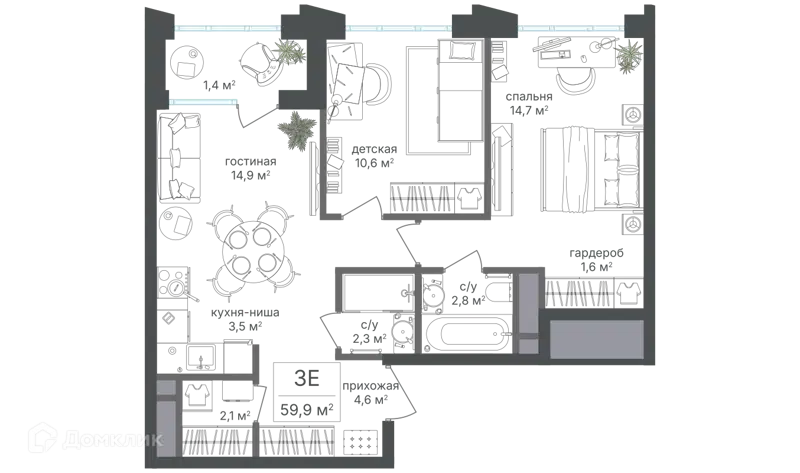 3-комнатная квартира 58.5 м² Михалковский