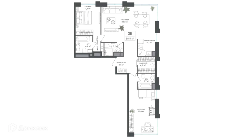 3-комнатная квартира 88.5 м² Михалковский