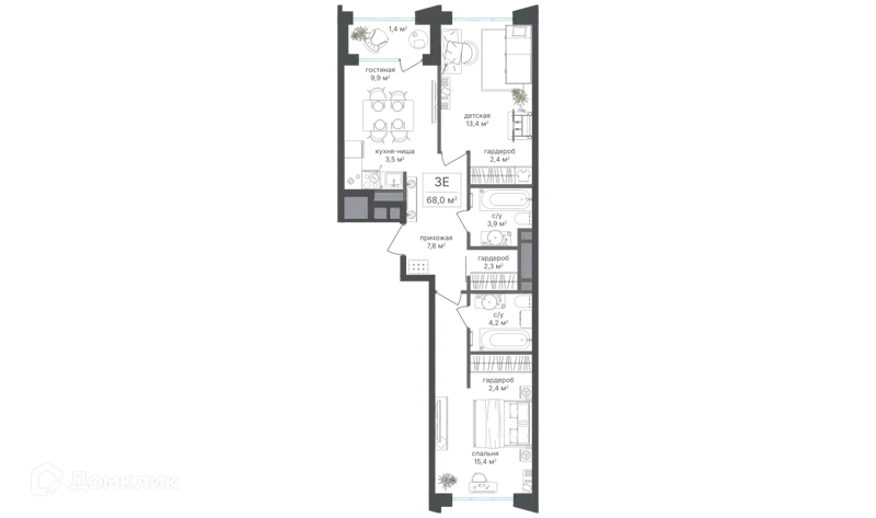 3-комнатная квартира 66.6 м² Михалковский