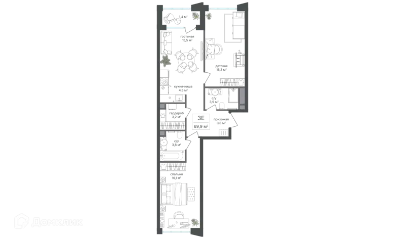 3-комнатная квартира 68.5 м² Михалковский