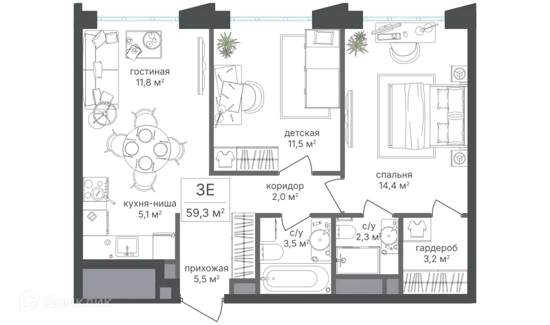 3-комнатная квартира 59.3 м² Михалковский
