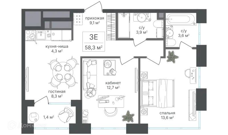 3-комнатная квартира 56.9 м² Михалковский