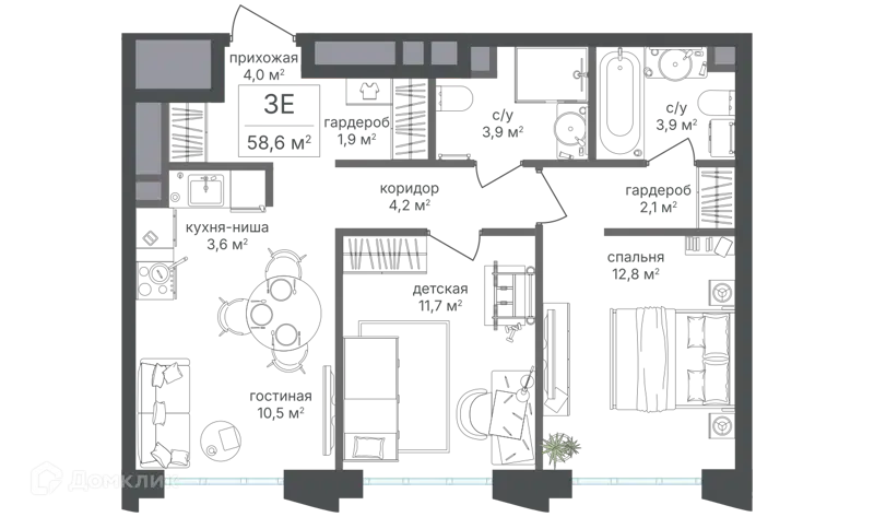 3-комнатная квартира 58.6 м² Михалковский