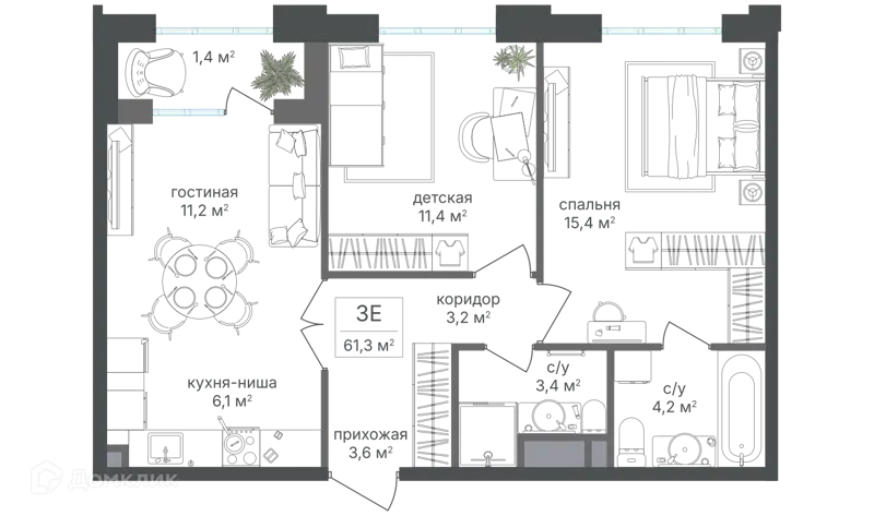 3-комнатная квартира 60.2 м² Михалковский