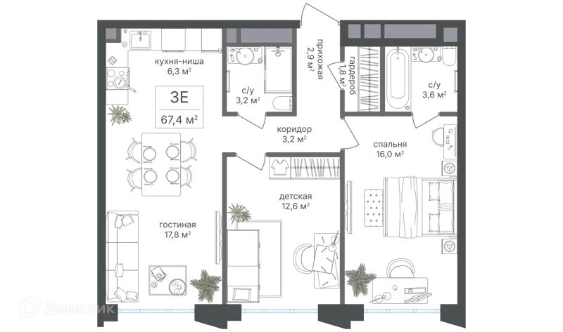 3-комнатная квартира 67.4 м² Михалковский