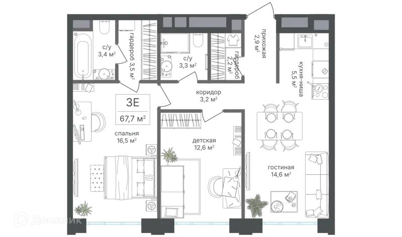 3-комнатная квартира 67.7 м² Михалковский