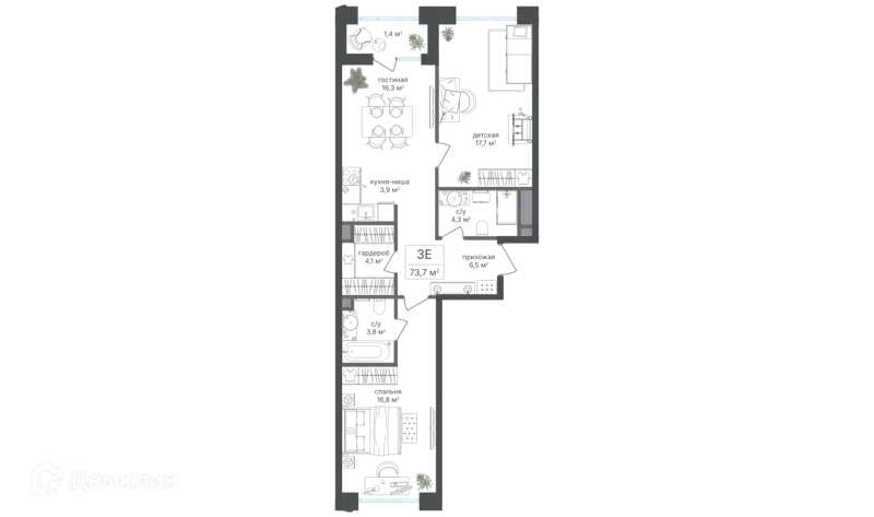 3-комнатная квартира 72.3 м² Михалковский