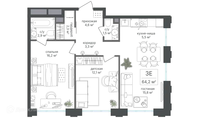 3-комнатная квартира 64.2 м² Михалковский
