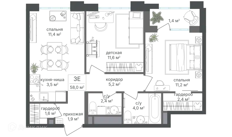 3-комнатная квартира 57 м² Михалковский