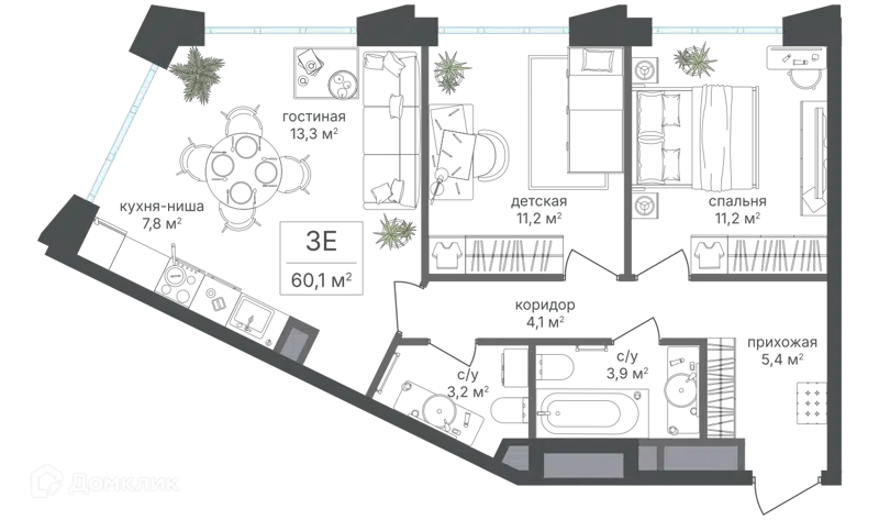 3-комнатная квартира 60.1 м² Михалковский