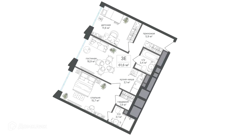 3-комнатная квартира 61.6 м² Михалковский